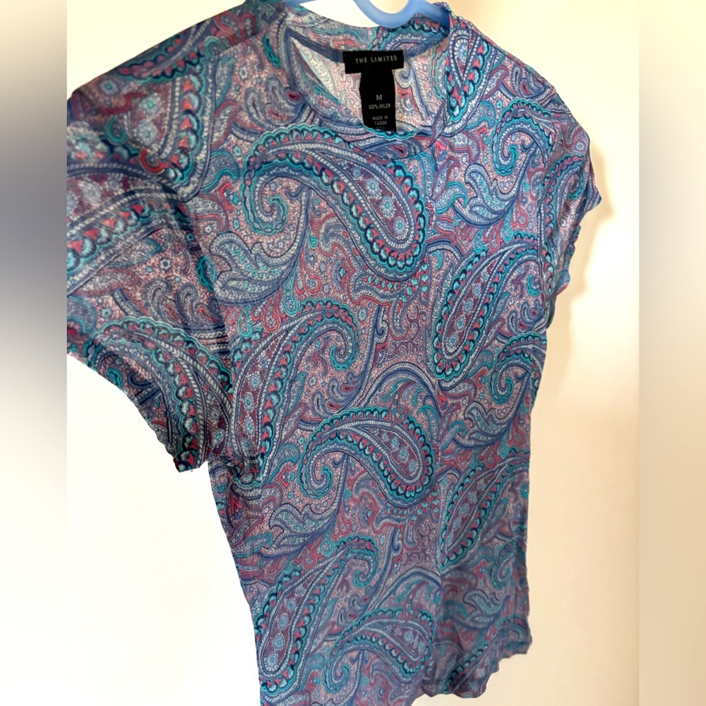 The Limited Paisley Short Sleeve Top - Blue and Pink patterned mesh